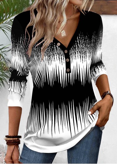 Ombre Patchwork Black Long Sleeve V Neck T Shirt