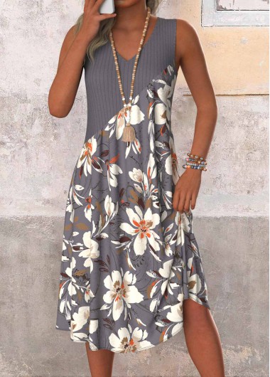 Floral Print Patchwork Dark Grey A Line Sleeveless Dress