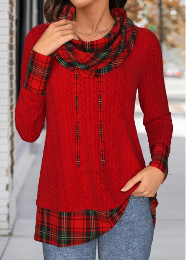 Christmas Plaid Patchwork Red Long Sleeve Cowl Neck Sweatshirt Christmas Plaid Patchwork Red Long Sleeve Cowl Neck Sweatshirt