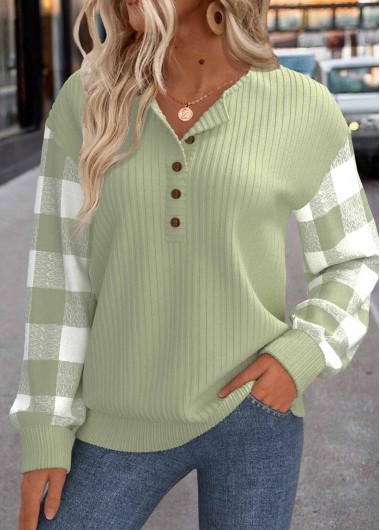 Plaid Patchwork Light Green Long Sleeve Round Neck Sweatshirt