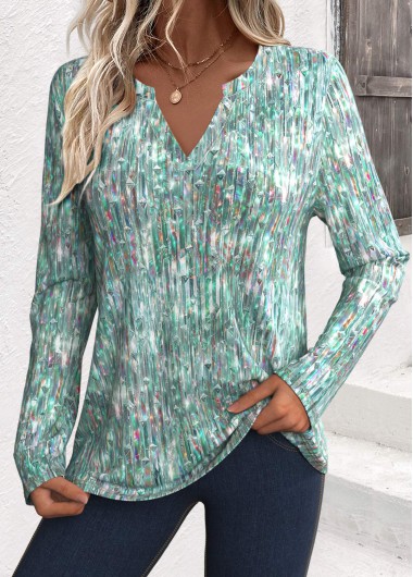 Dazzle Colorful Print Sage Green Long Sleeve T Shirt