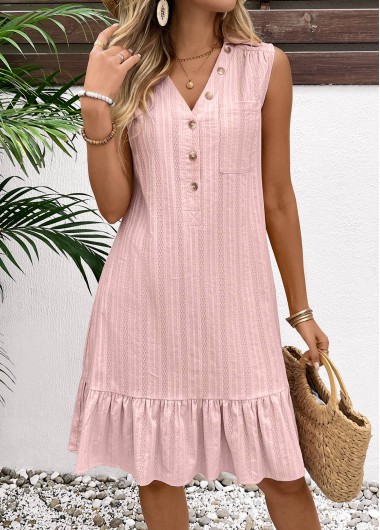 Button Light Pink A Line Sleeveless Dress