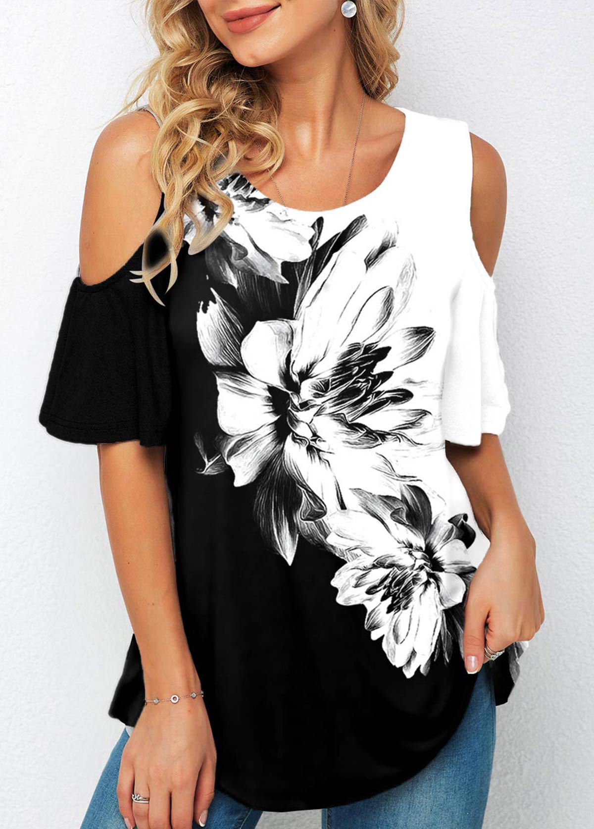 Half Sleeve Floral Print Cold Shoulder T Shirt