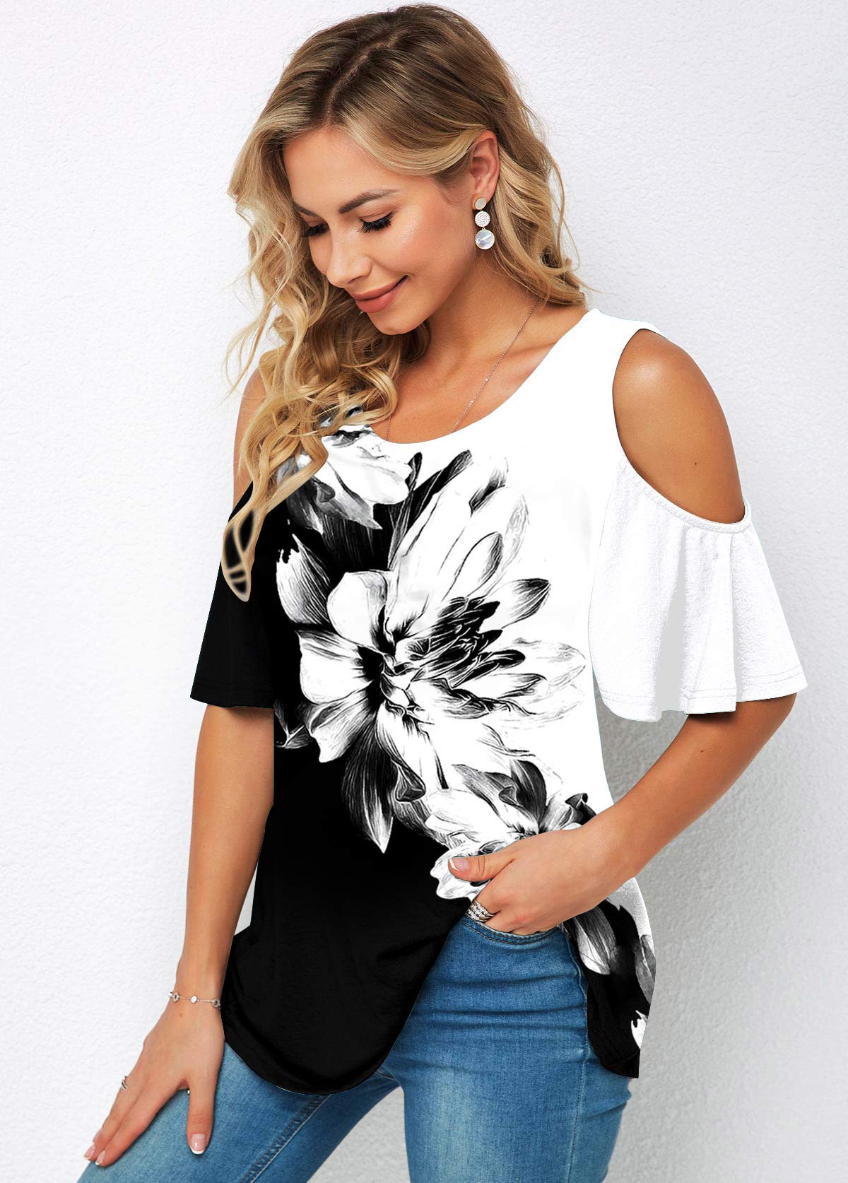 Half Sleeve Floral Print Cold Shoulder T Shirt