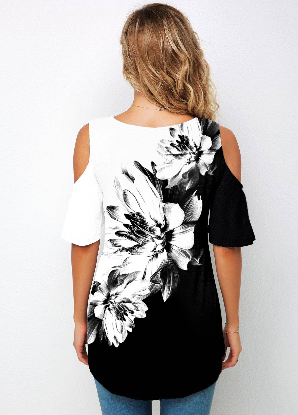 Half Sleeve Floral Print Cold Shoulder T Shirt