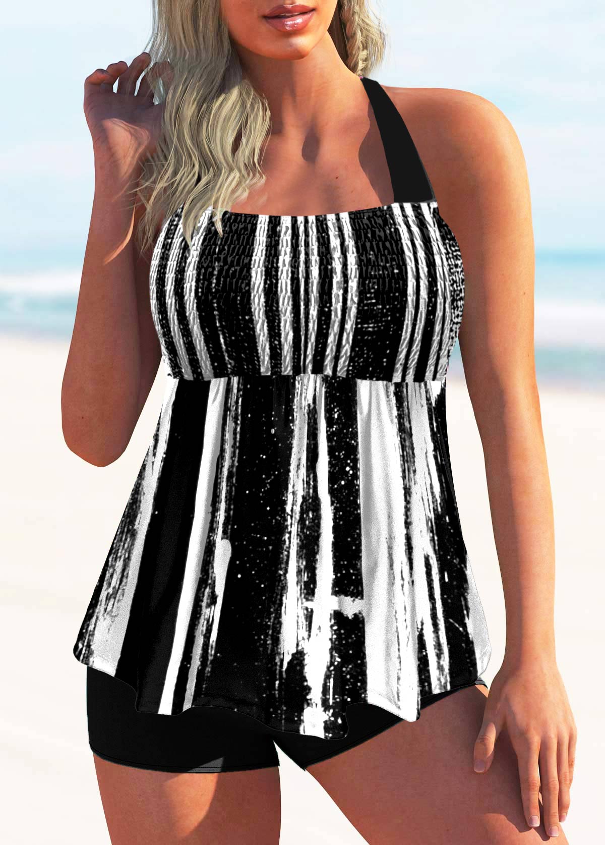 Smocked Color Block Halter Tankini Set 