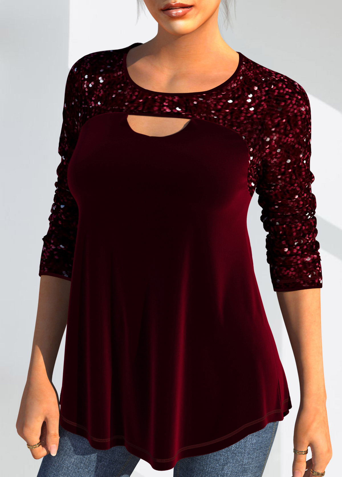 Cut Out Wine Red Long Sleeve T Shirt