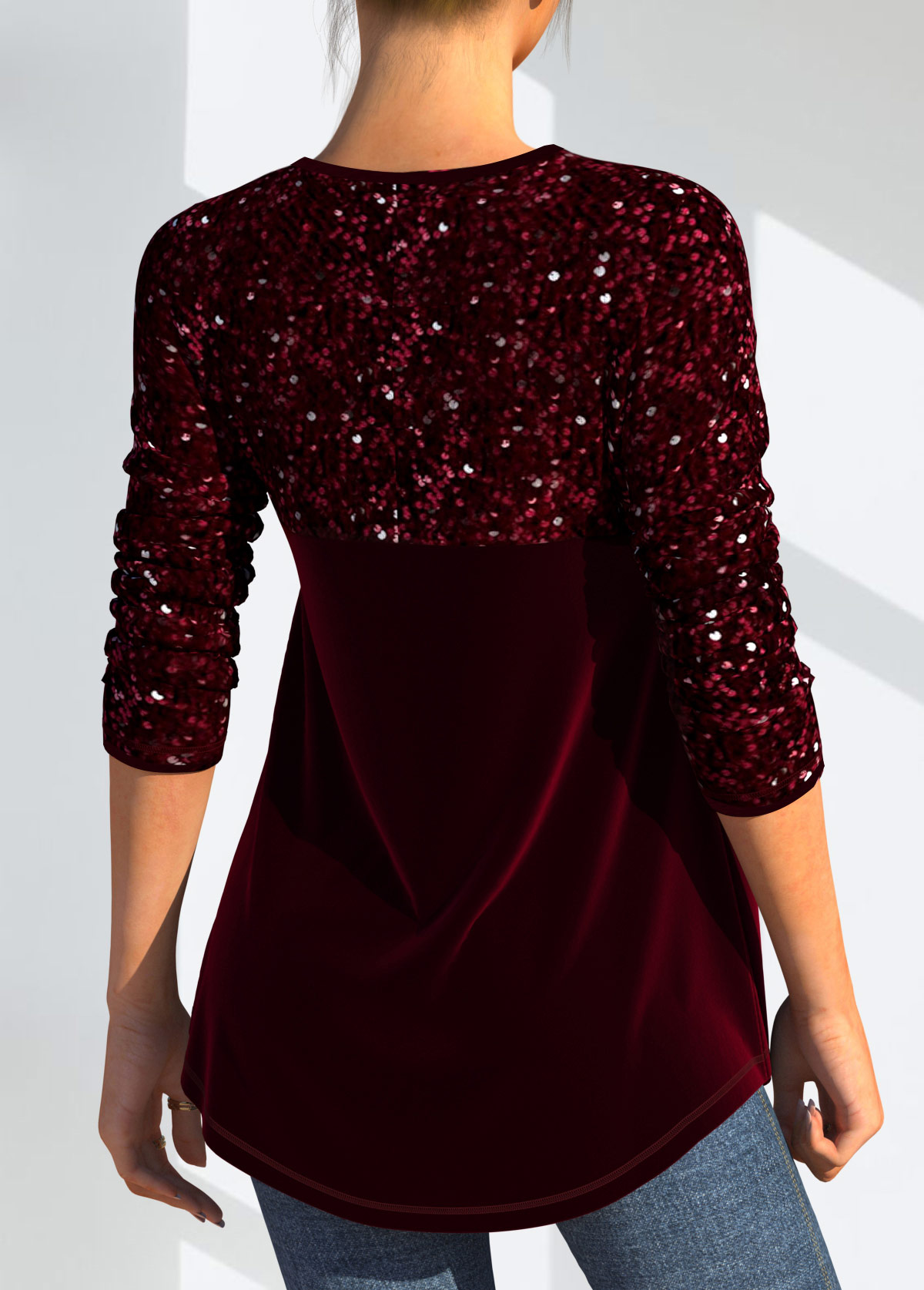 Cut Out Wine Red Long Sleeve T Shirt