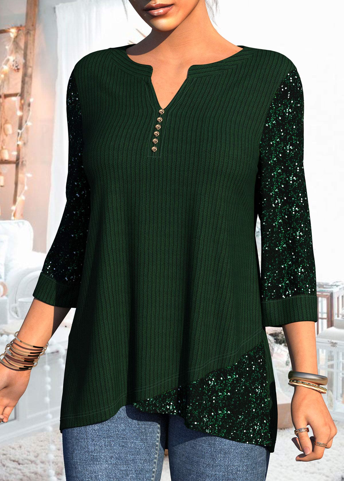 Asymmetric Hem 3/4 Sleeve Sequin Dark Green T Shirt