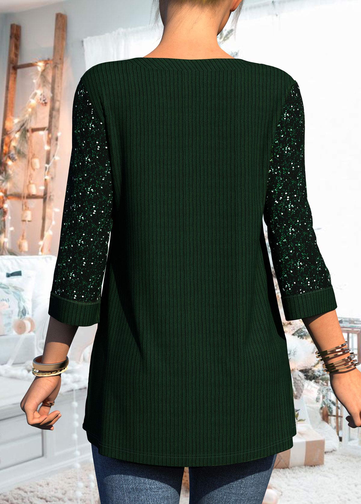 Asymmetric Hem 3/4 Sleeve Sequin Dark Green T Shirt