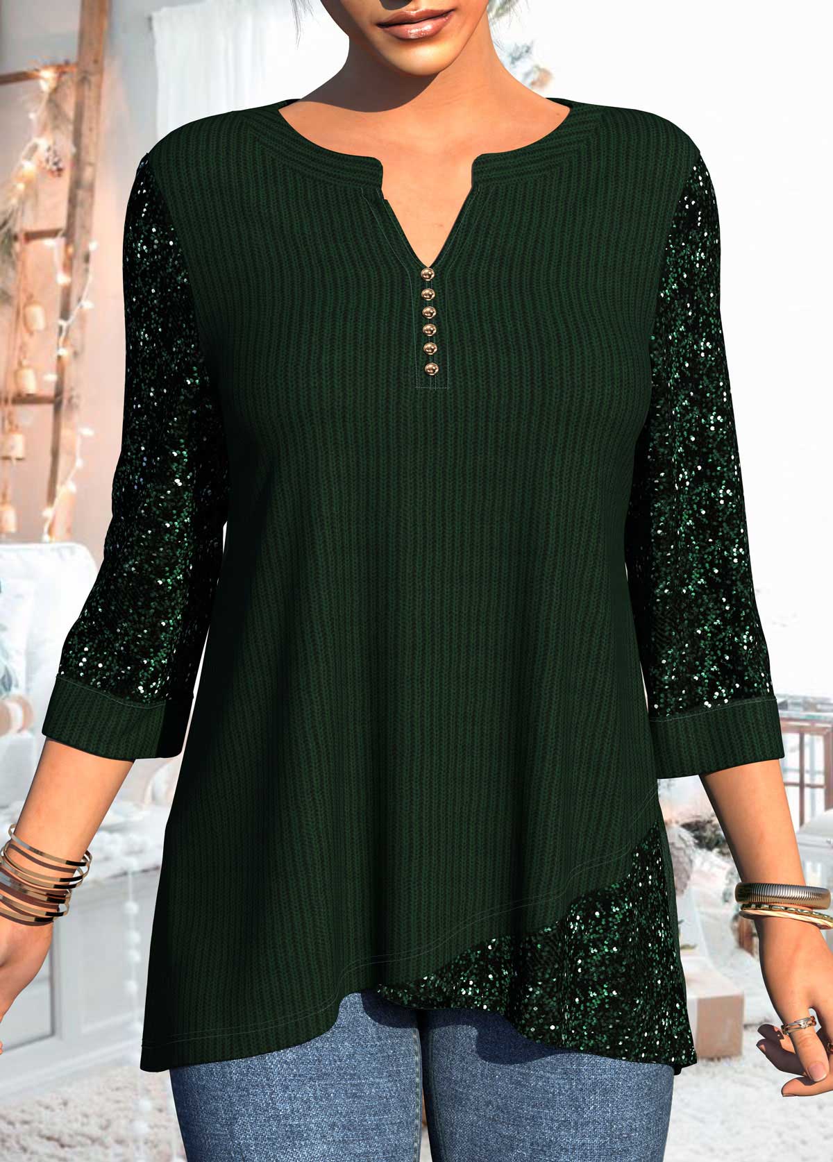 Asymmetric Hem 3/4 Sleeve Sequin Dark Green T Shirt