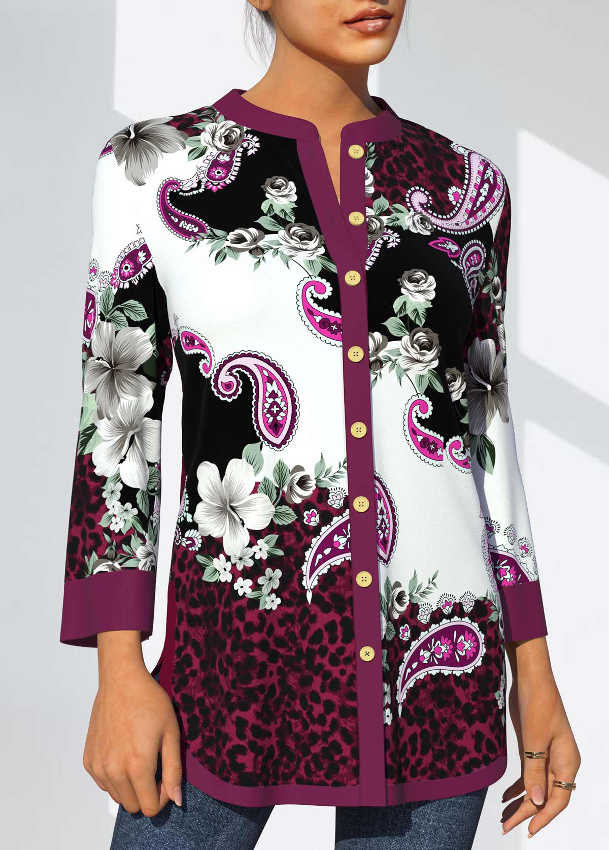 Floral and Paisley Print Split Neck Purple Blouse