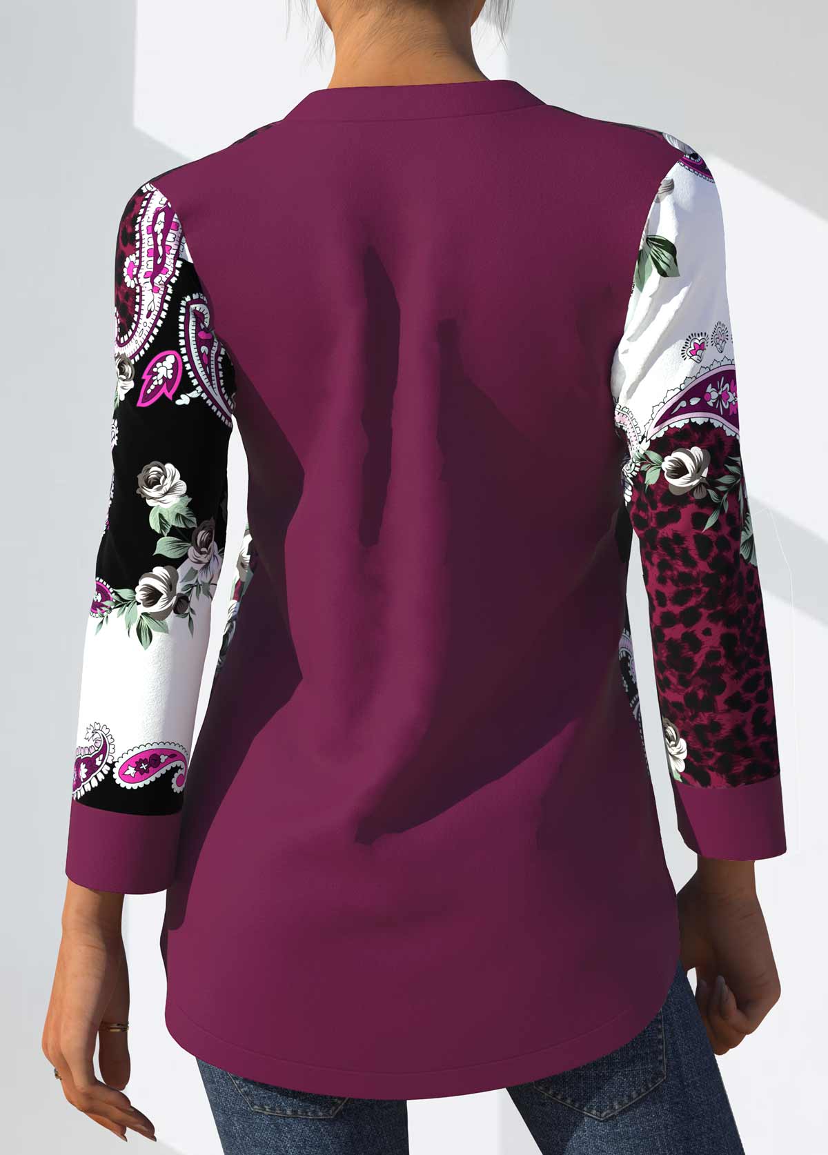 Floral and Paisley Print Split Neck Purple Blouse