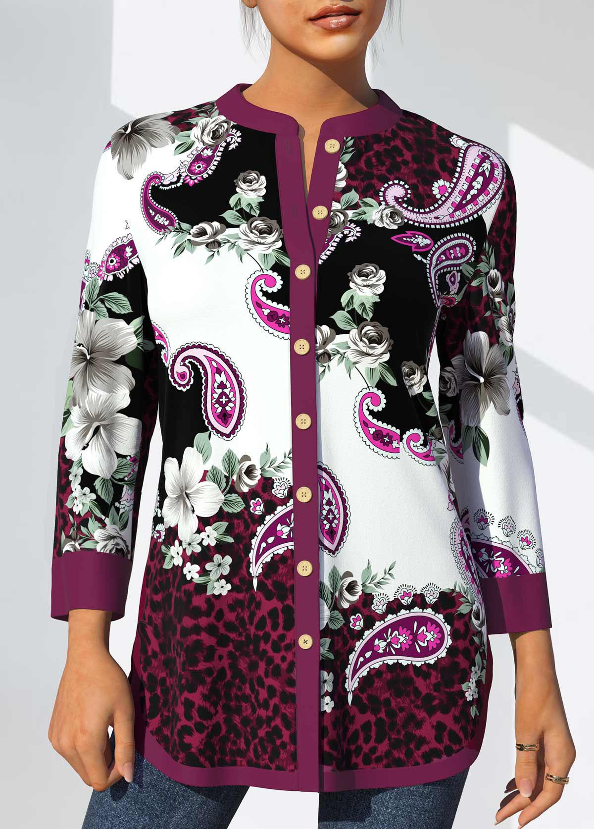 Floral and Paisley Print Split Neck Purple Blouse