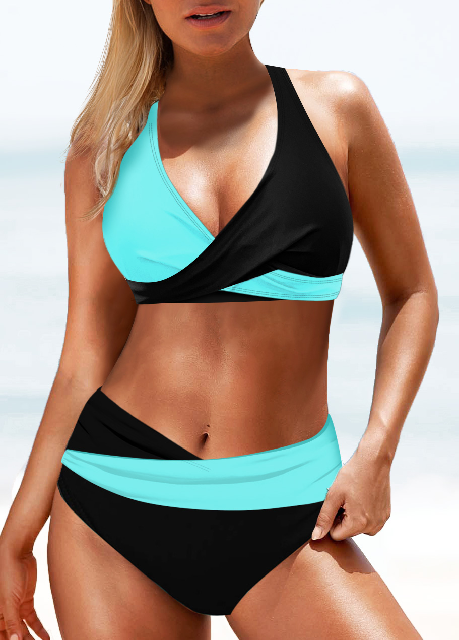 Mid Waisted Patchwork Cyan Bikini Set