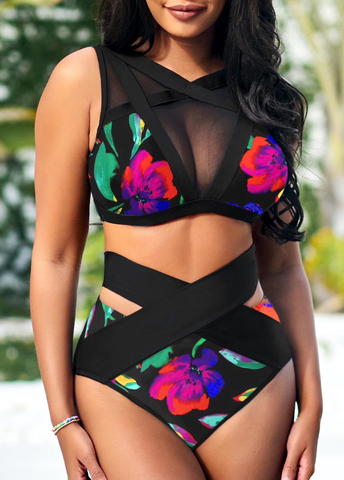 Floral Print High Waisted Mesh Stitching Bikini Set