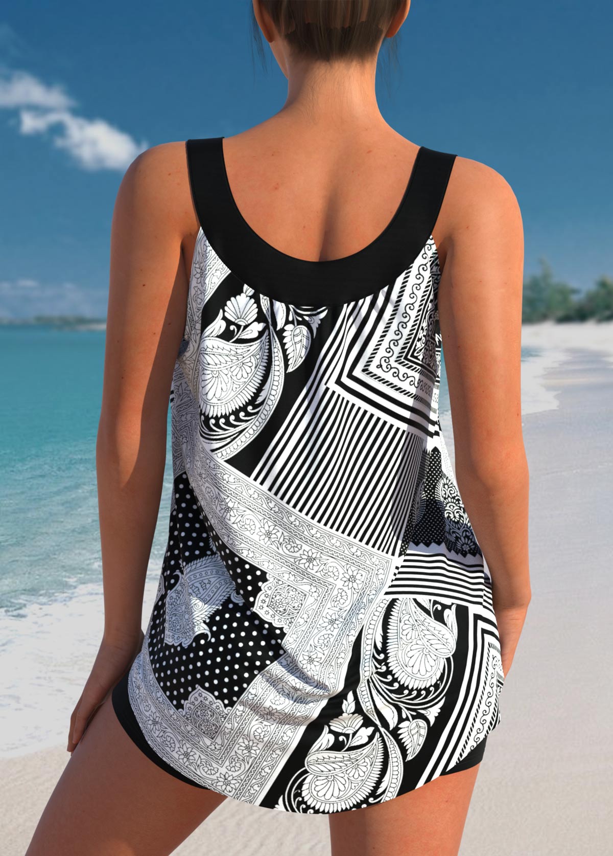 Black Tribal Print Striped Tankini Top-No Bottom