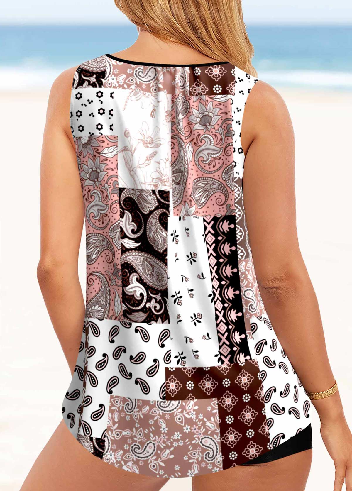 Tribal Print Pink Ring Detail Tankini Top-No Bottom