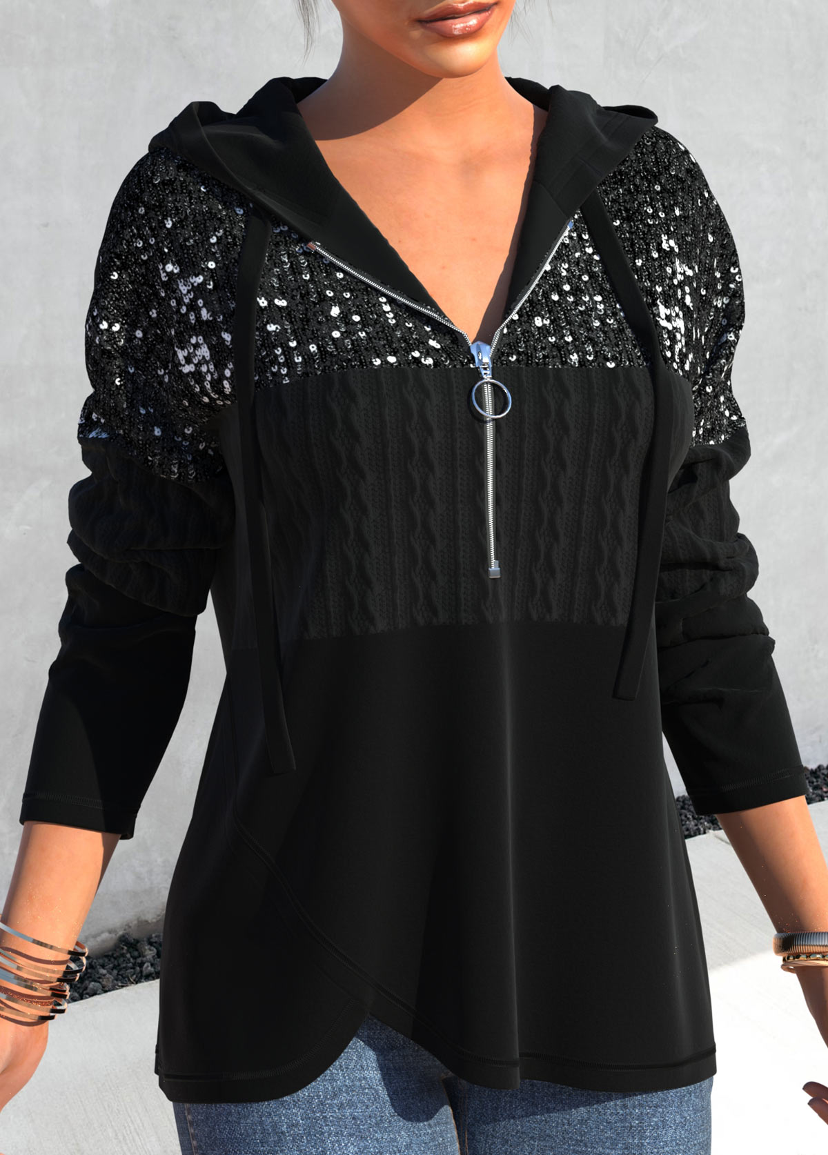 Long Sleeve Asymmetric Hem Black Sequin Hoodie