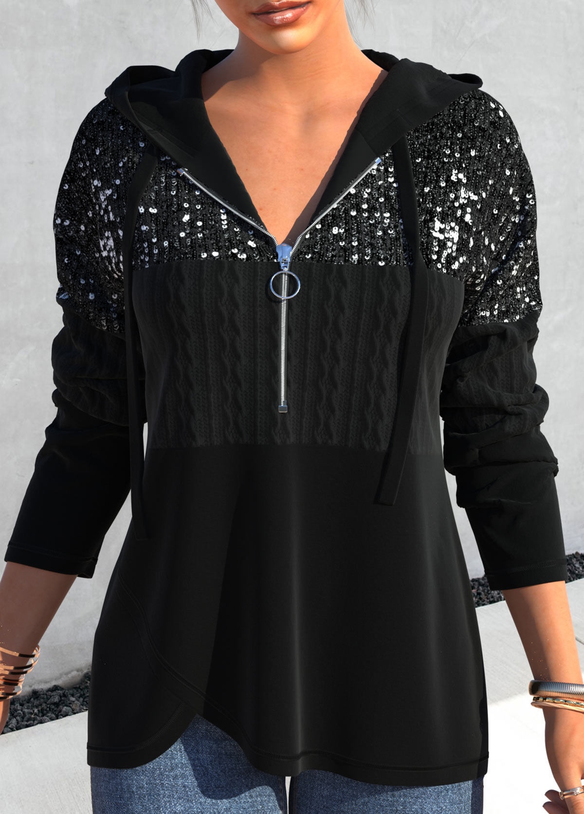 Long Sleeve Asymmetric Hem Black Sequin Hoodie