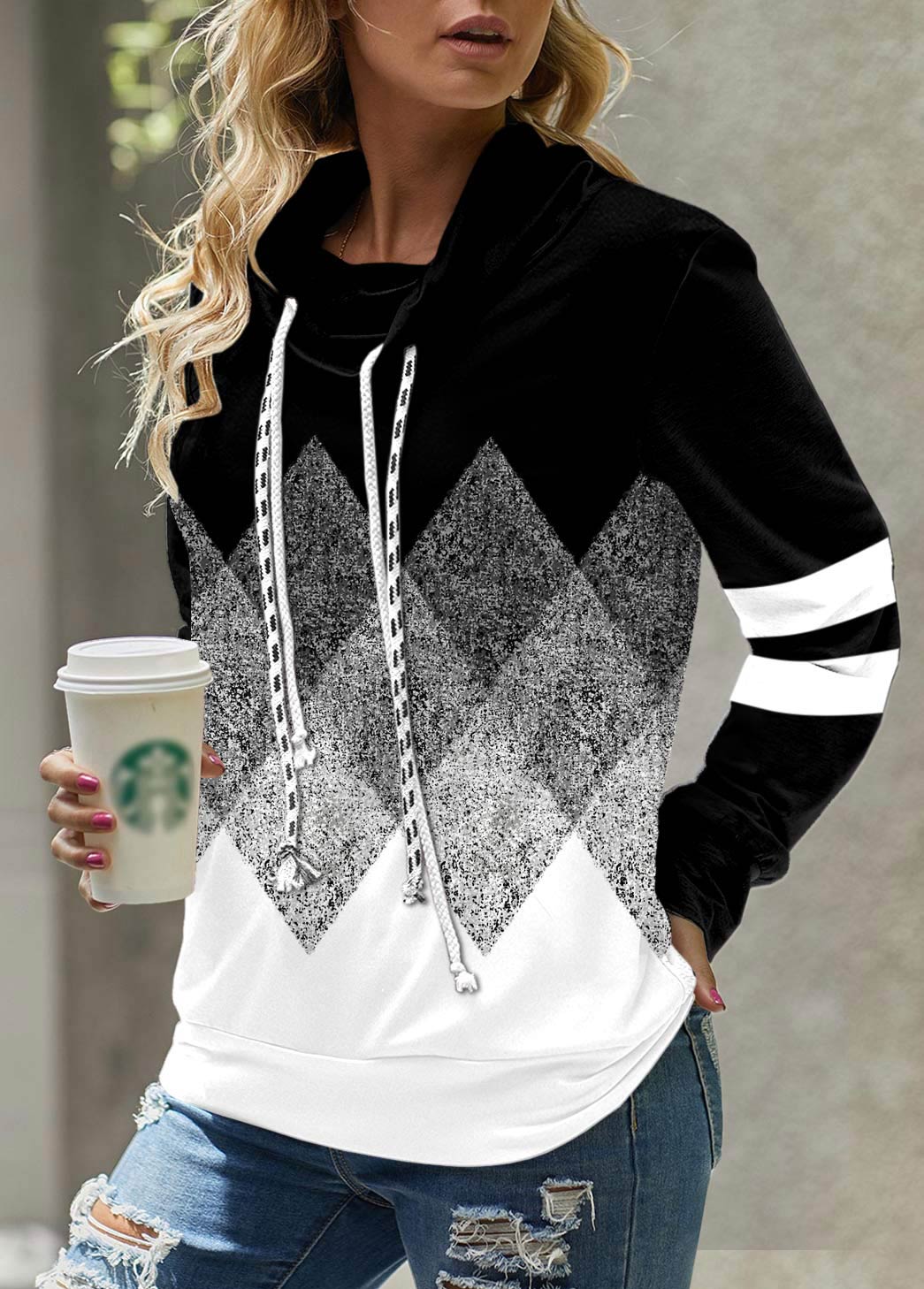 Geometric Print Black Cowl Neck Regular Sleeve Sweatshirt