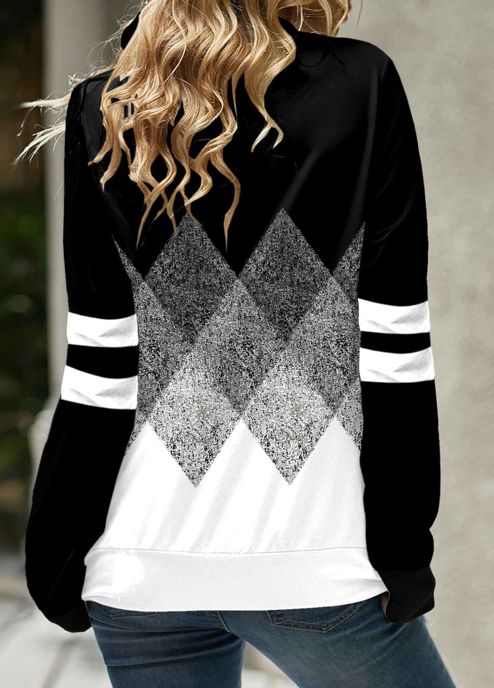 Geometric Print Black Cowl Neck Regular Sleeve Sweatshirt