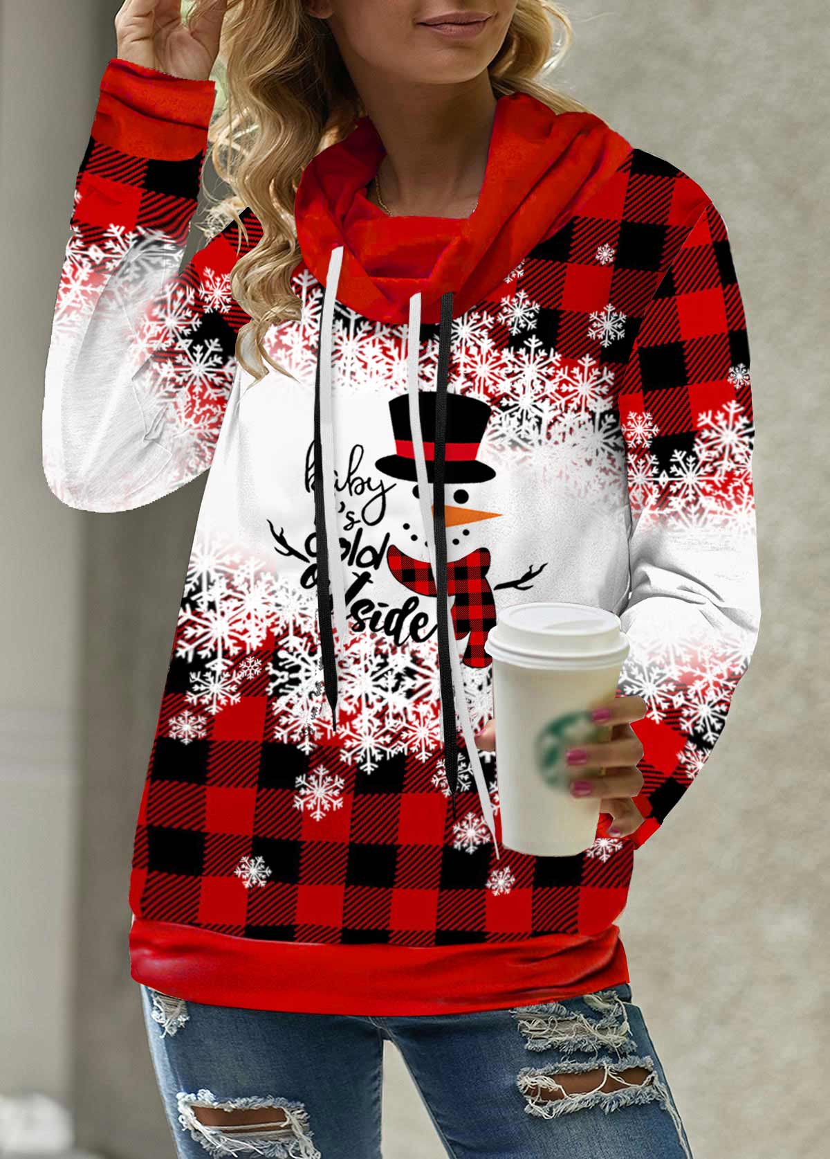 Red Plus Size Drawstring Christmas Print Sweatshirt