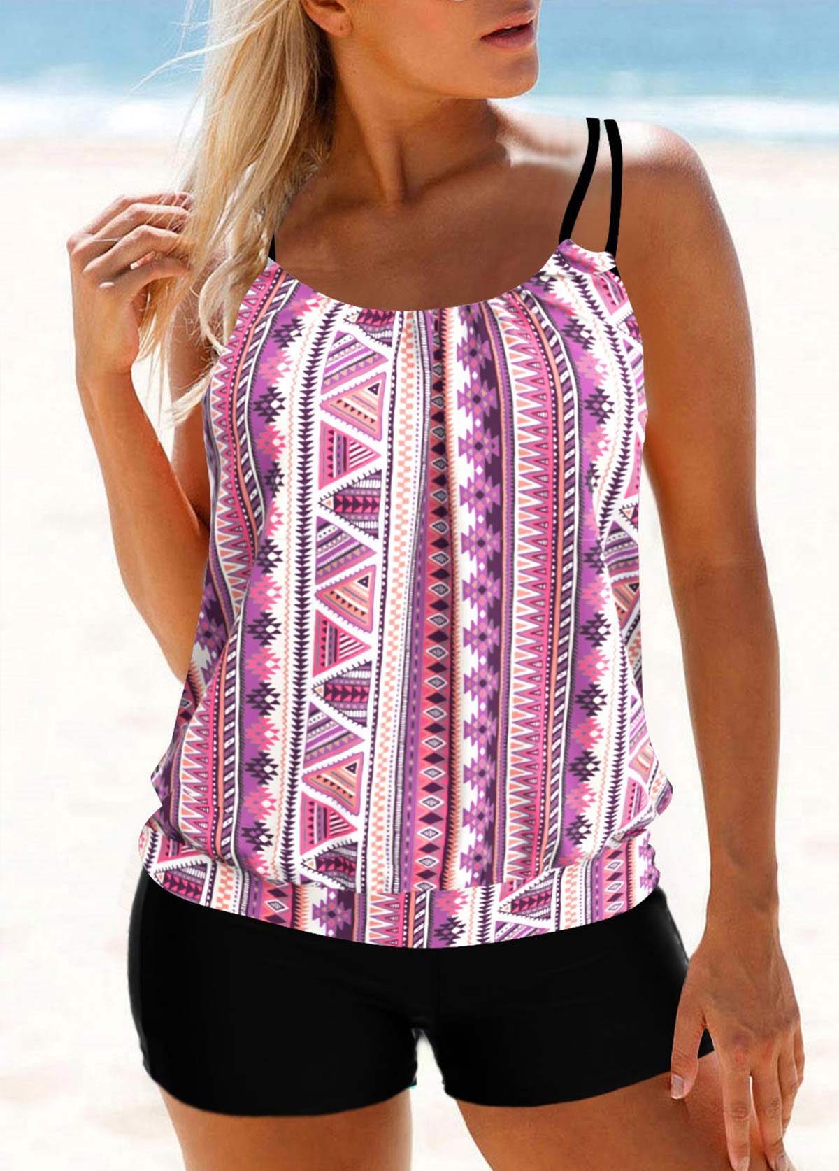 Geometric Print Light Pink Tankini Top-No Bottom