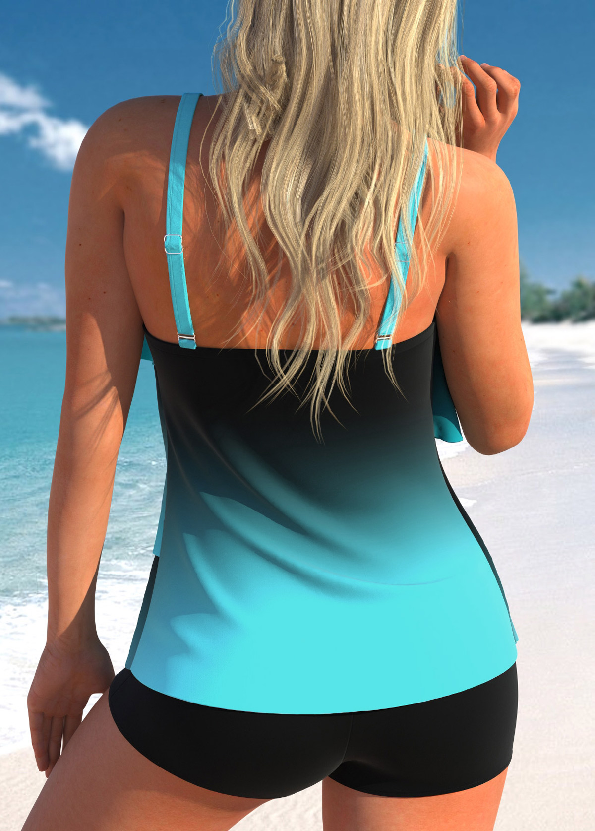 Ombre Layered Hem Cyan Tankini Set