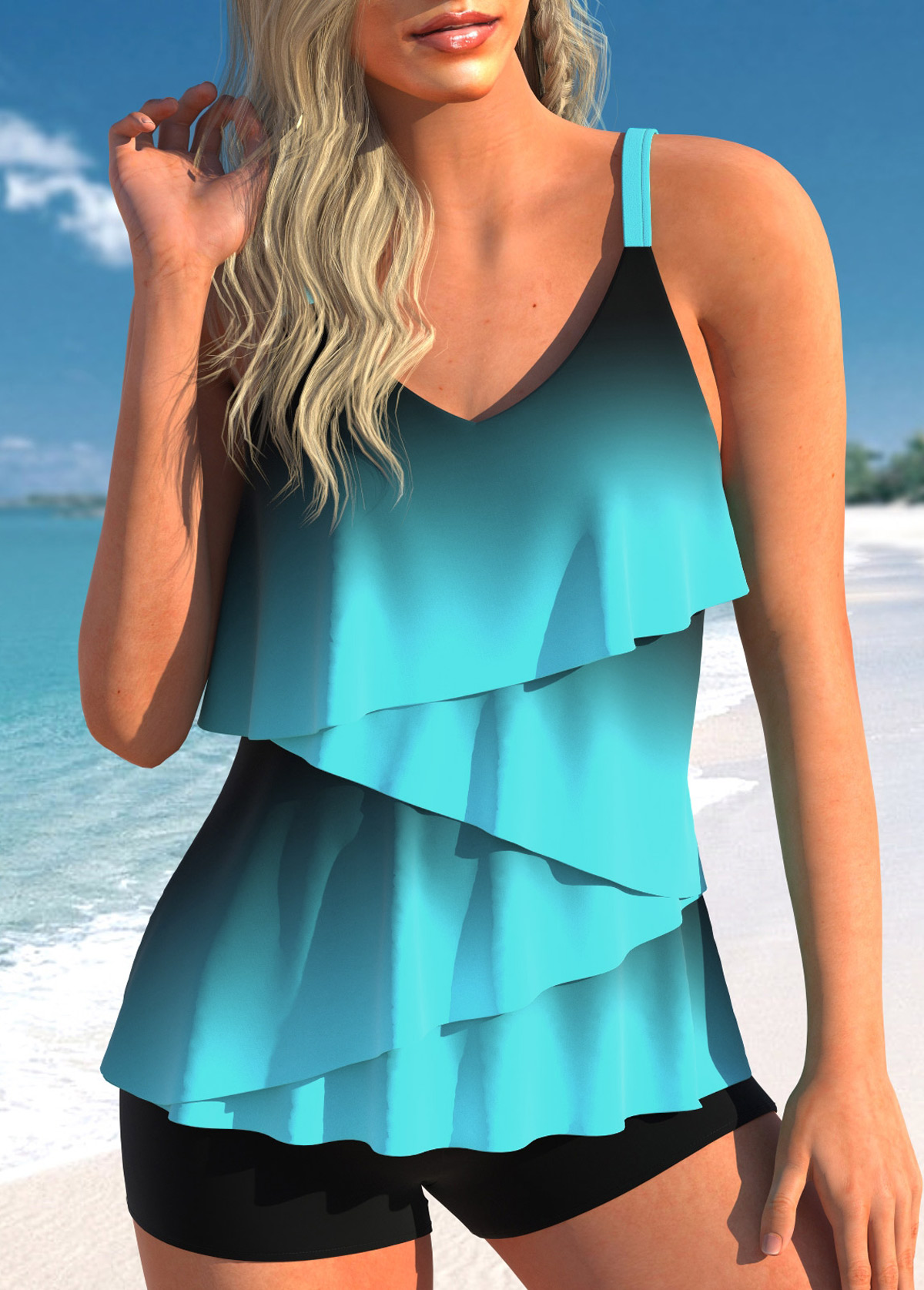 Ombre Layered Hem Cyan Tankini Set