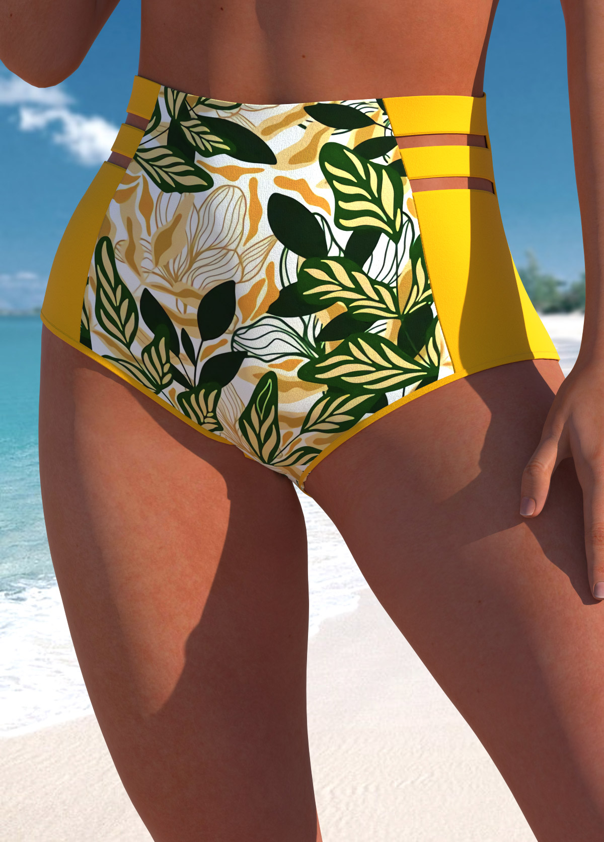 Leaf Print Yellow High Waisted Bikini Bottom