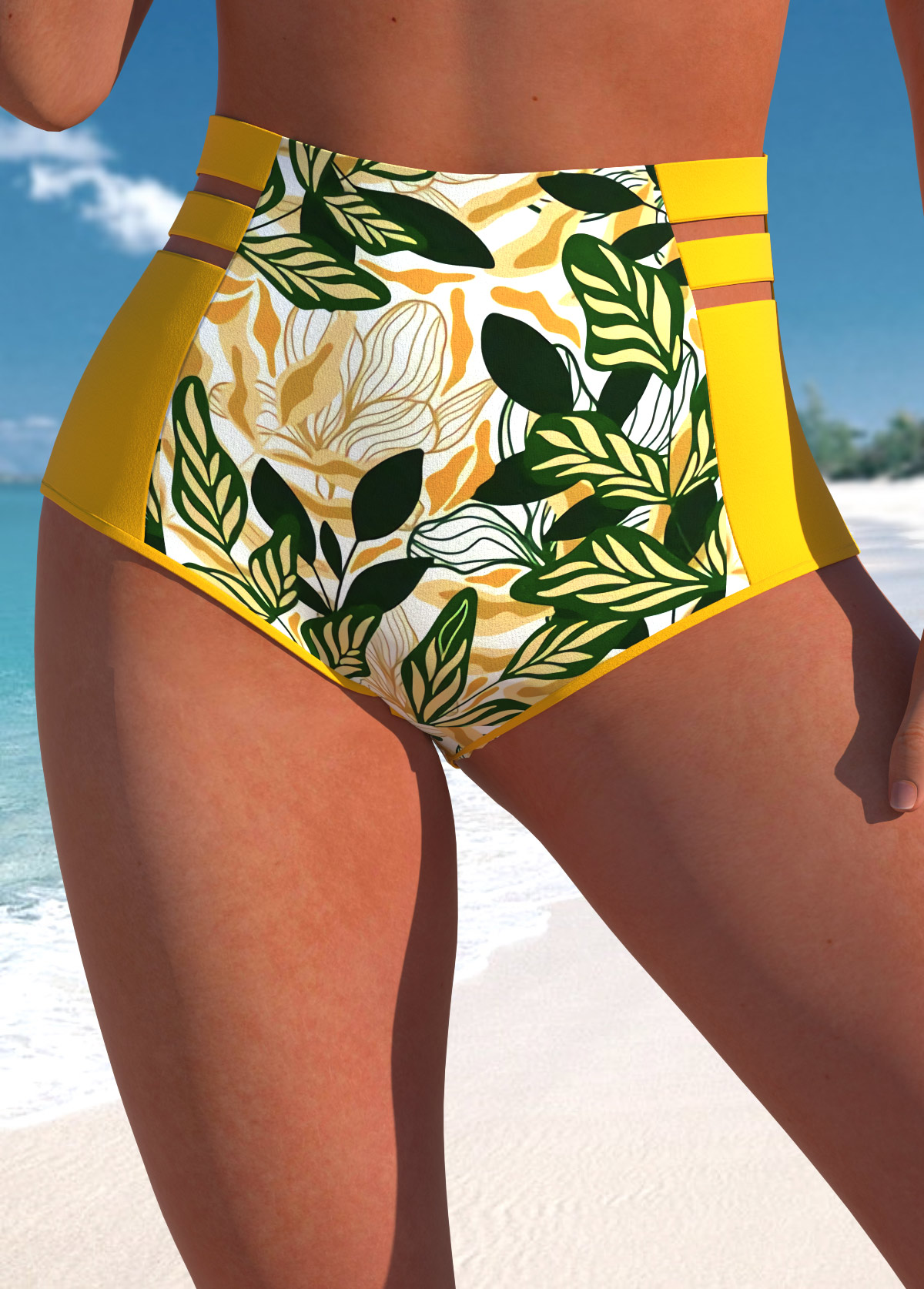Leaf Print Yellow High Waisted Bikini Bottom