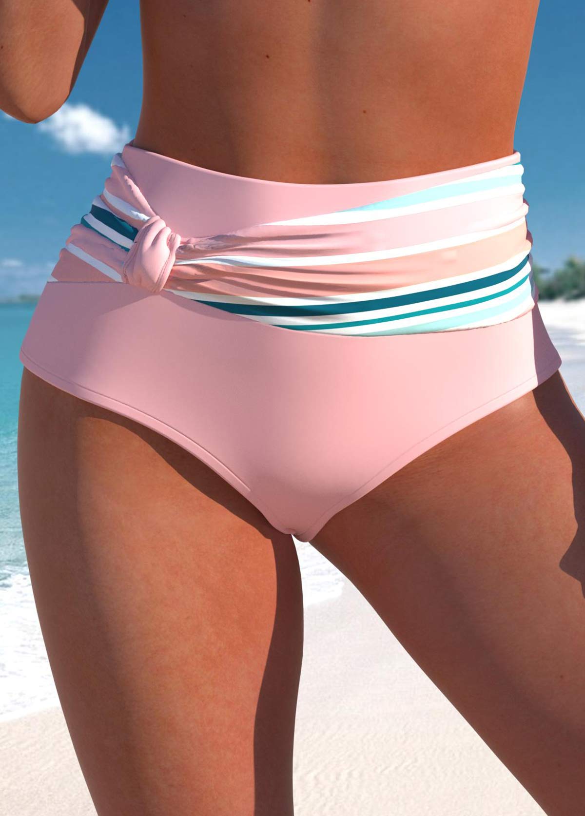 High Waisted Multi Stripe Print Light Pink Bikini Bottom