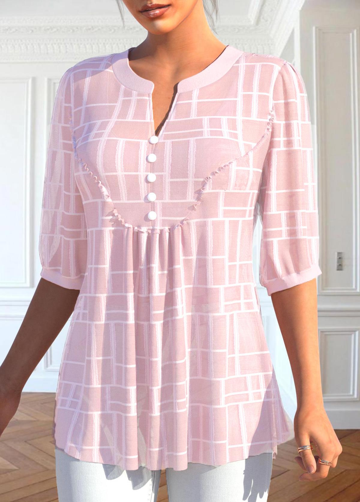 Button Light Pink 3/4 Sleeve Split Neck Blouse