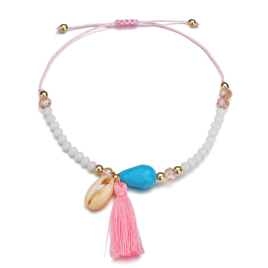 Beads Detail Tassel White Asymmetrical Anklet