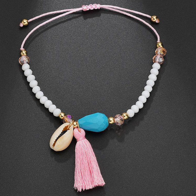 Beads Detail Tassel White Asymmetrical Anklet