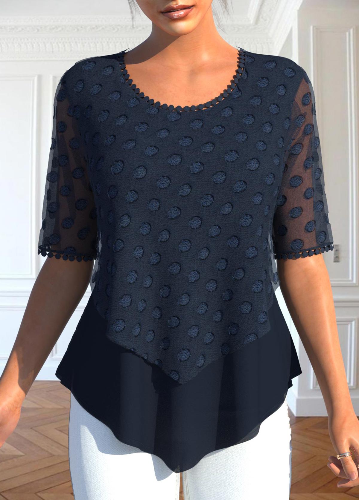 Layered Navy Short Sleeve Fake Two Piece Twinset
