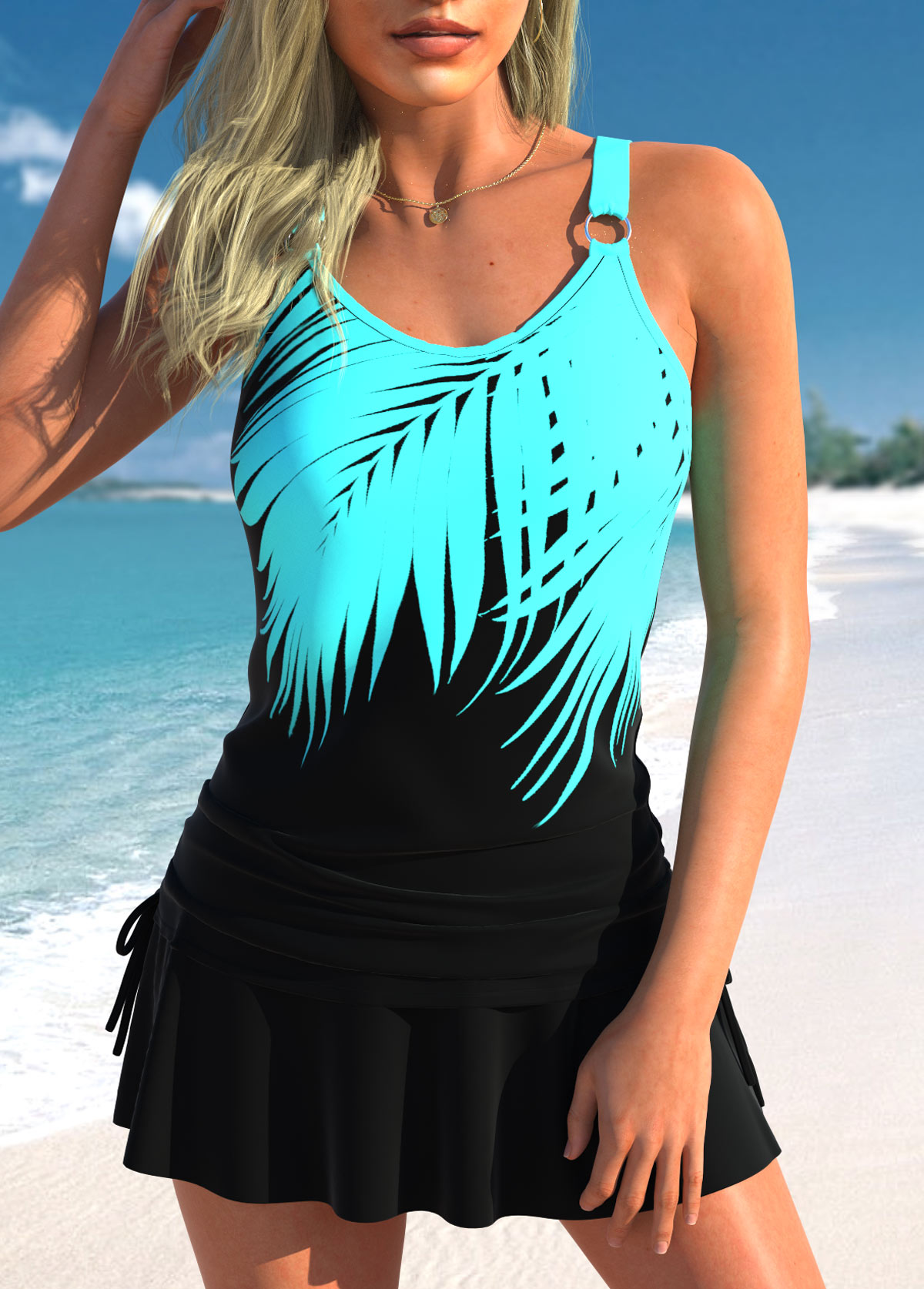 Tropical Plants Print Drawstring Black Tankini Top-No Bottom