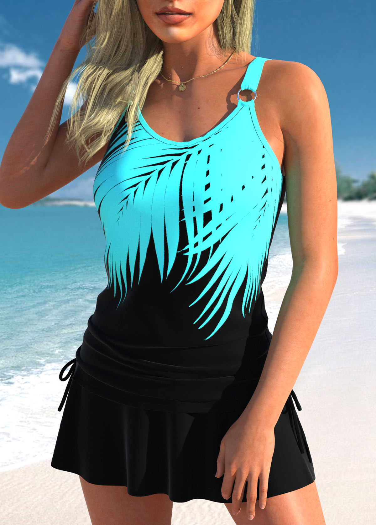 Tropical Plants Print Drawstring Black Tankini Top-No Bottom