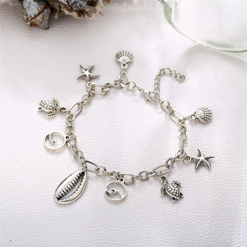Starfish and Turtle Silver Chain Anklet
