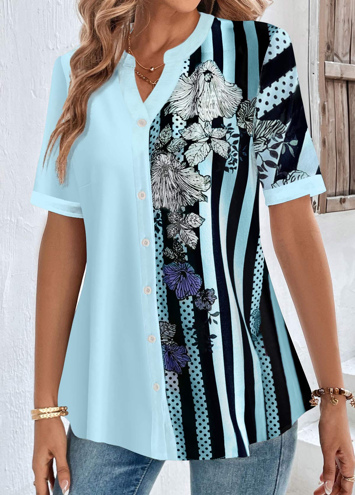 Light Blue Plus Size Striped Blouse