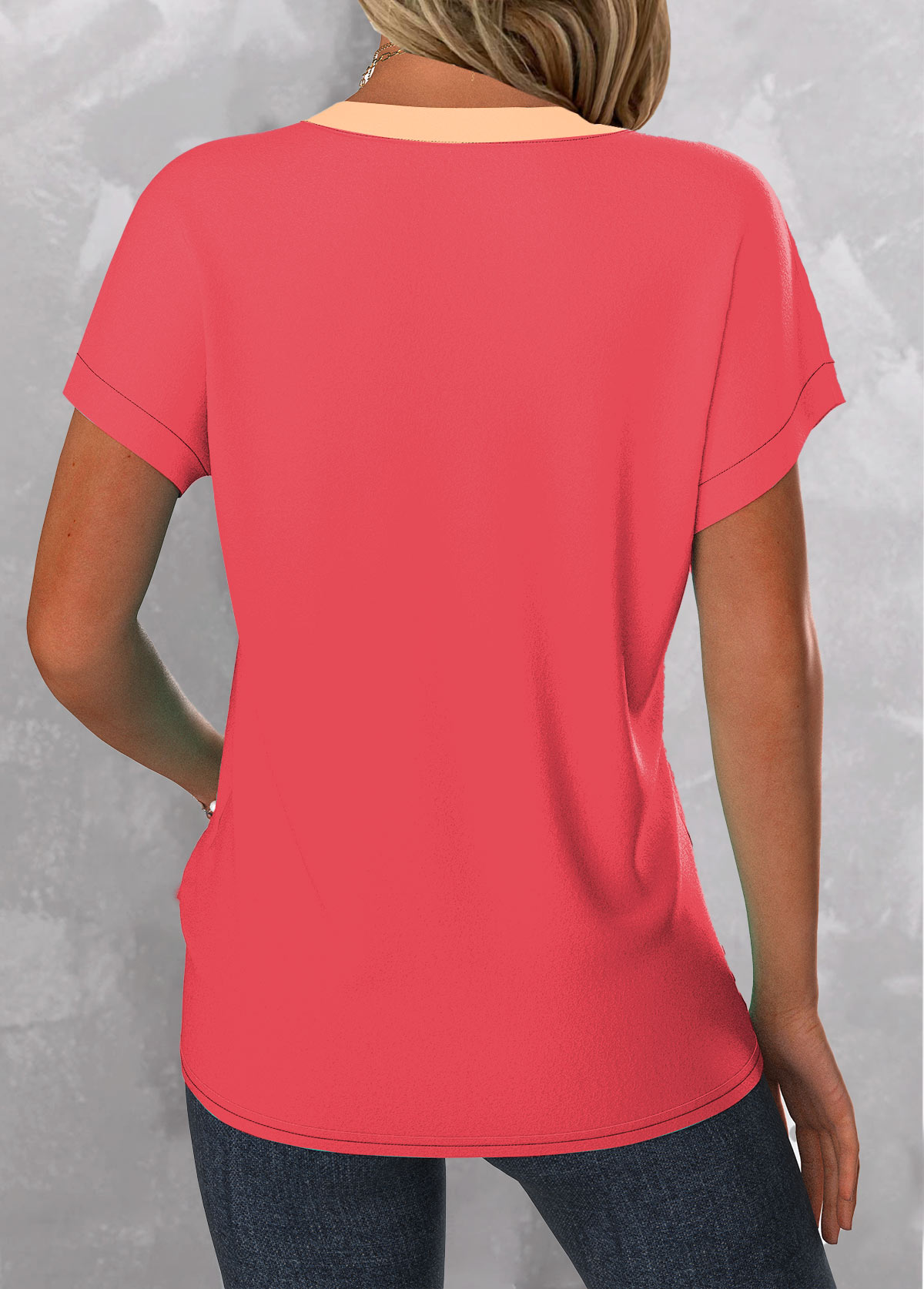 Ombre Button Peach Red Split Neck T Shirt
