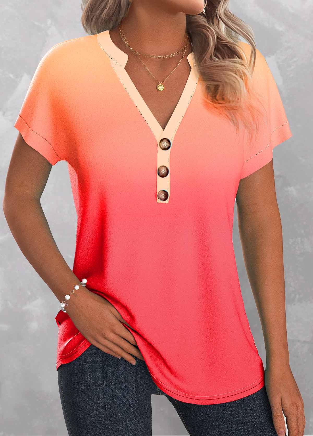 Ombre Button Peach Red Split Neck T Shirt