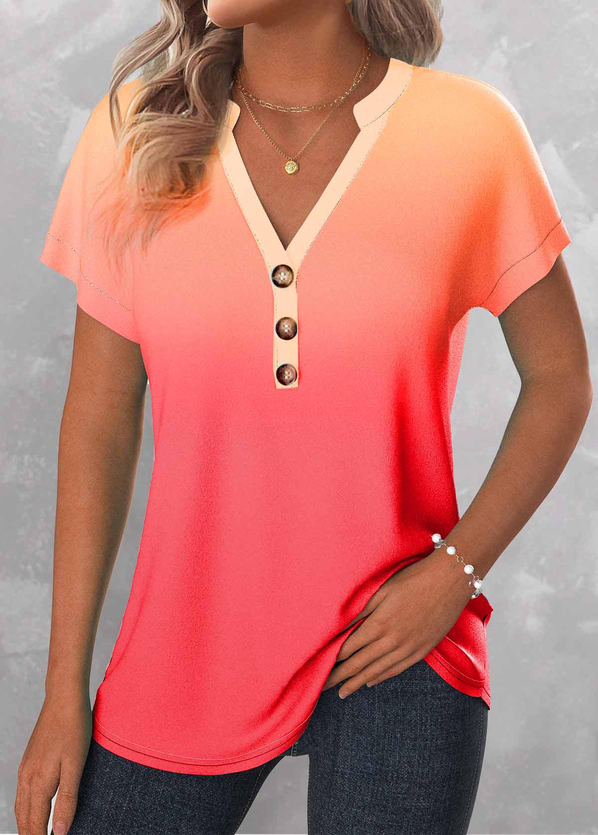 Ombre Button Peach Red Split Neck T Shirt