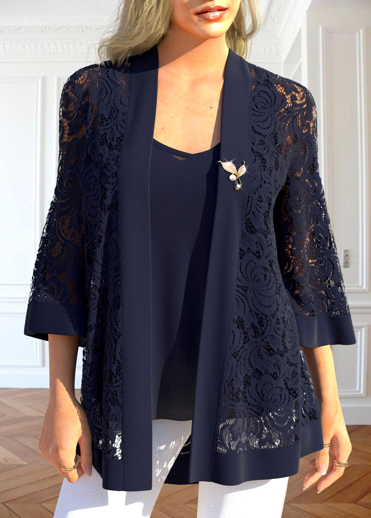 Two Piece Navy 3/4 Sleeve Cardigan and Tank Top