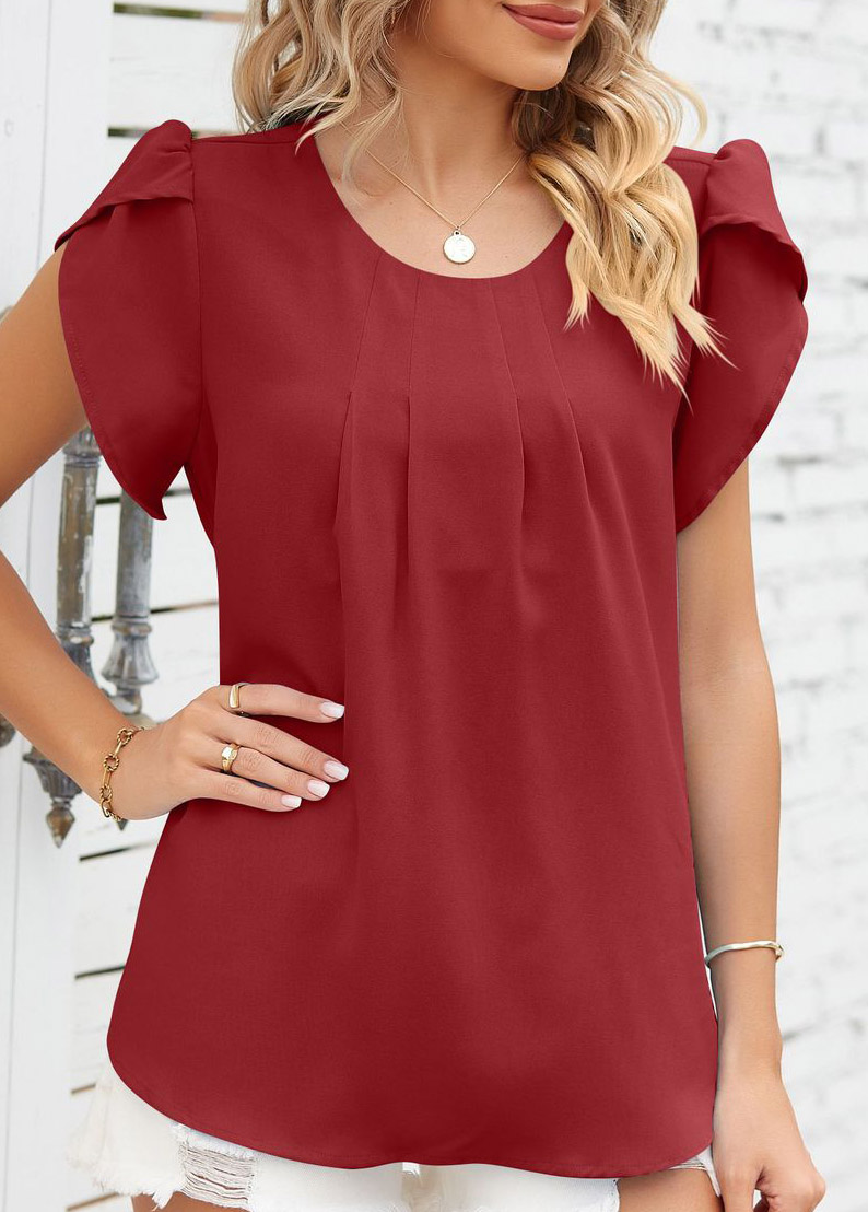 Round Neck Ruched Wine Red T Shirt
