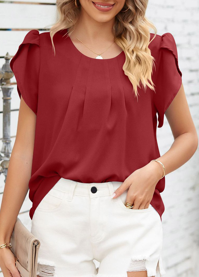 Round Neck Ruched Wine Red T Shirt