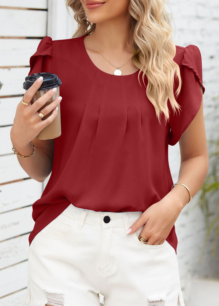 Round Neck Ruched Wine Red T Shirt