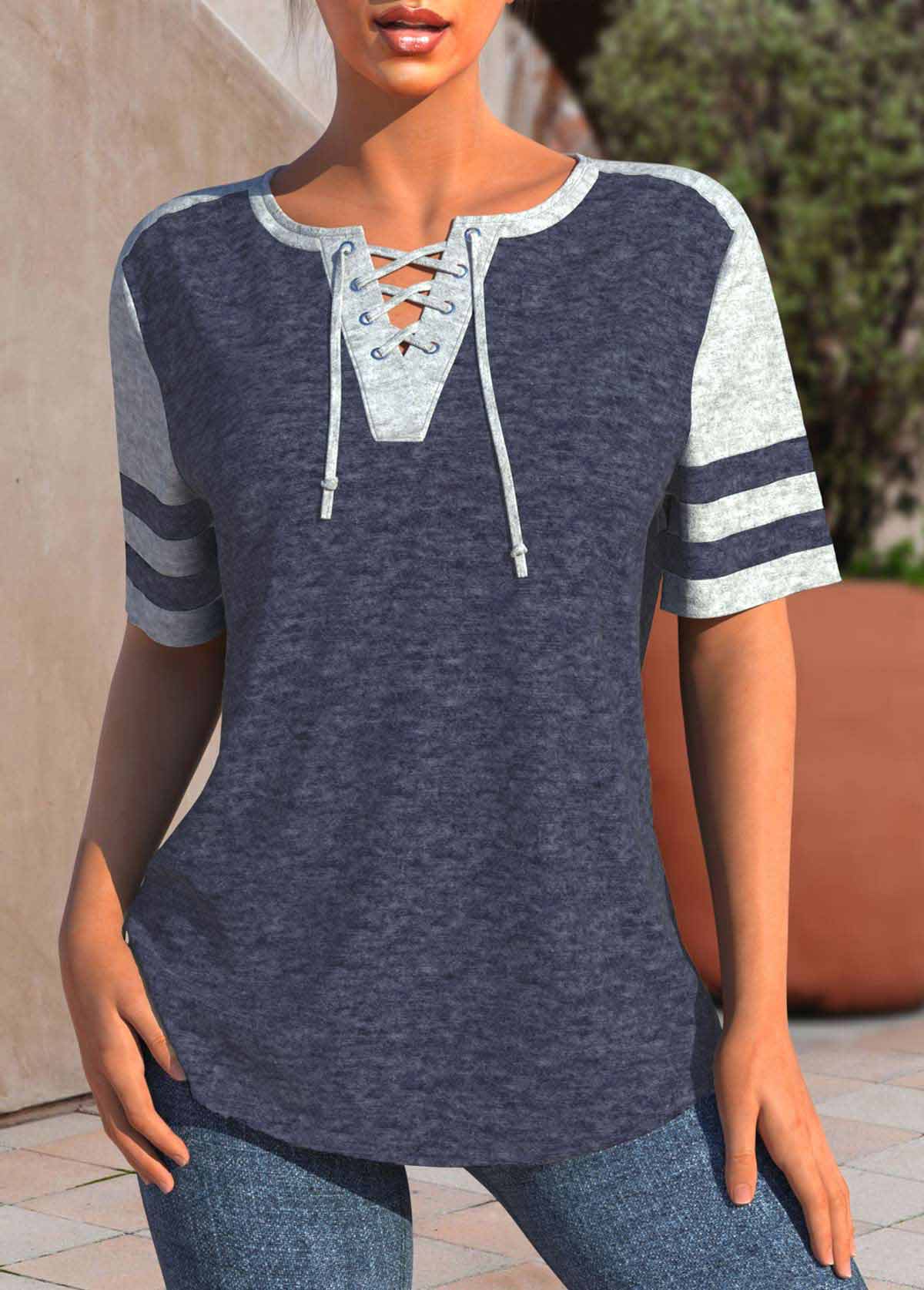 Lace Up Navy Short Sleeve T Shirt