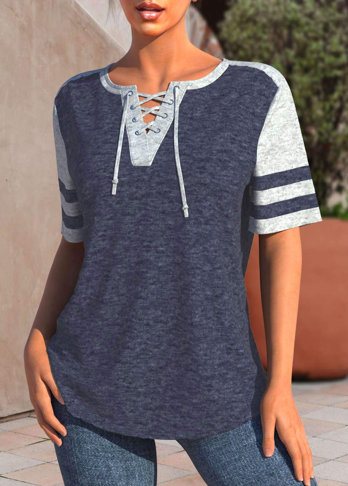 Lace Up Navy Short Sleeve T Shirt